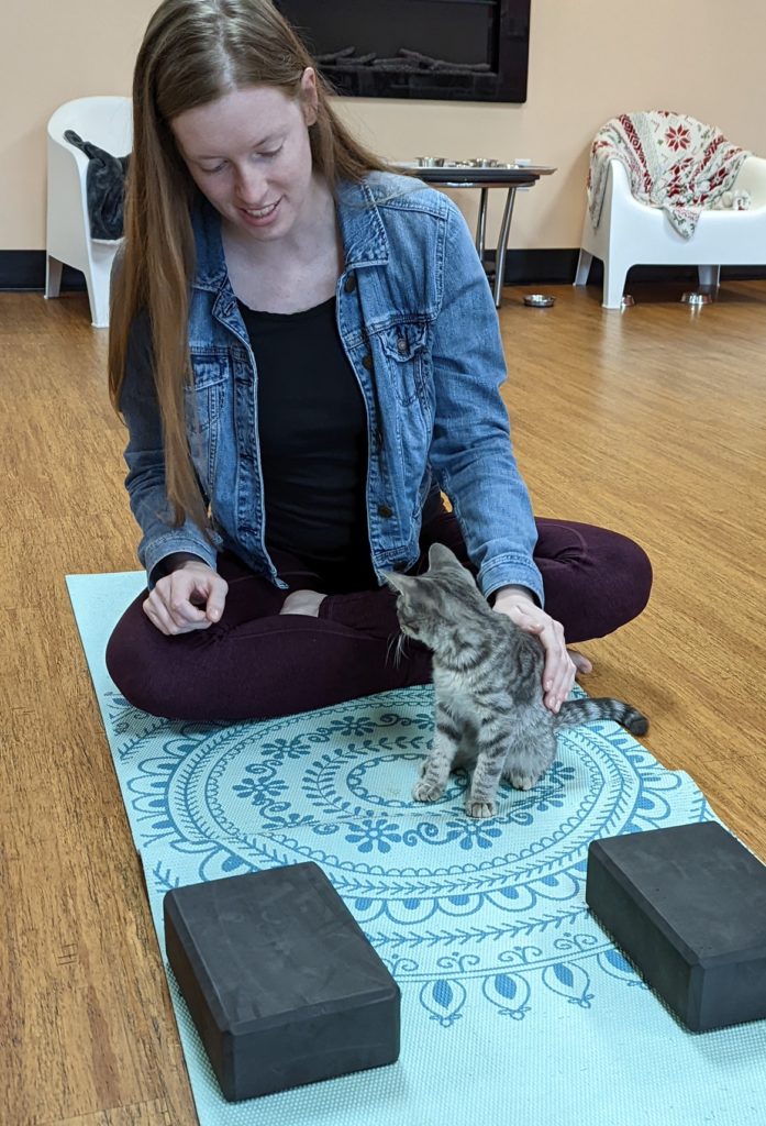 Rachel petting a grey tabby cat on her yoga mat